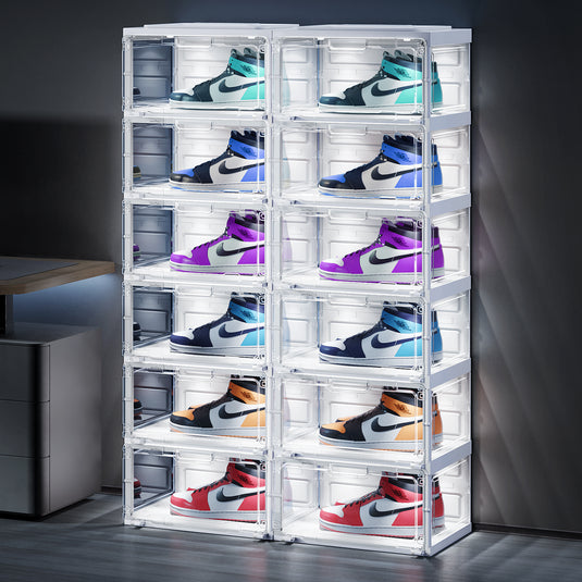 BROVIEW Led Shoe Boxes, Sneaker Shoe Display Case with Voice Control Lights, 2 Row 6 Tier White