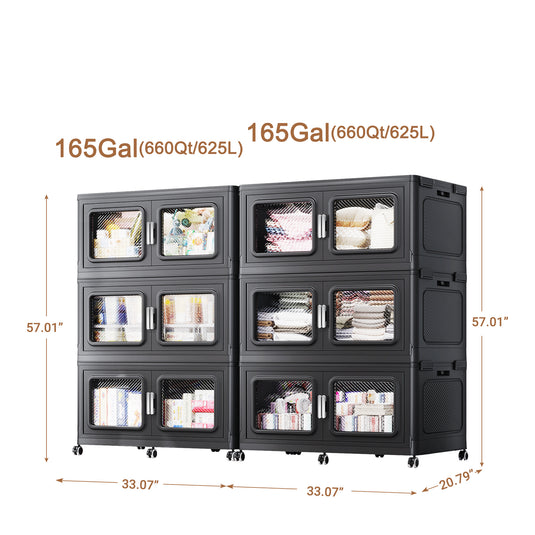 BROVIEW 330 Gal Extra Large Stackable Storage Bins with Lids & Wheels, Black 55 gal-6 pack
