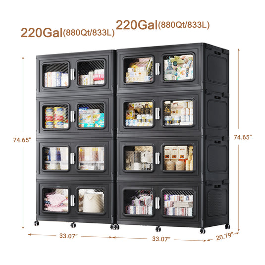BROVIEW 440 Gal Extra Large Stackable Storage Bins with Lids & Wheels, Black 55 gal-8 pack