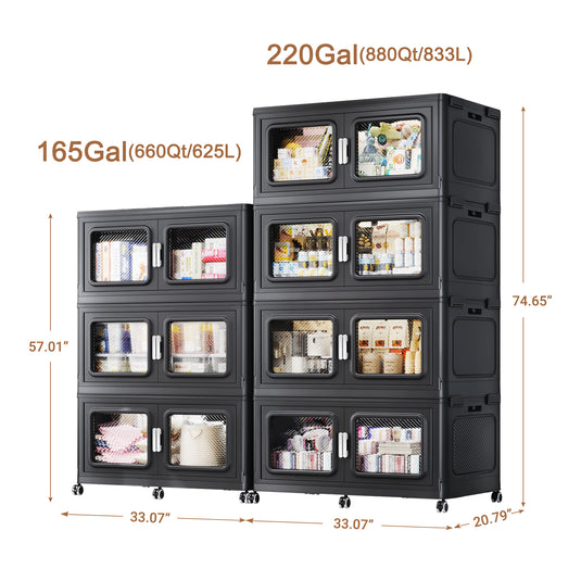 BROVIEW 385 Gal Extra Large Stackable Storage Bins with Lids & Wheels, Black 55 gal-7 pack