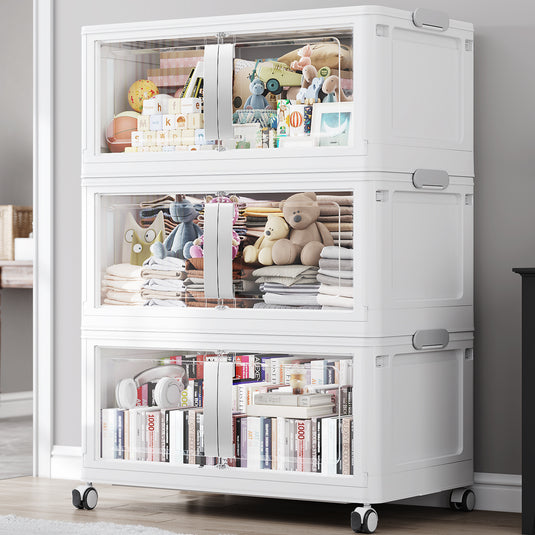 120Gal-200Gal Extra Large Stackable Storage Bins with 3/4/5 Lids, 480Qt-800Qt Collapsible Plastic Storage Box with Clear Doors, Foldable Containers with Drawers, 360° Swivel Wheels V70