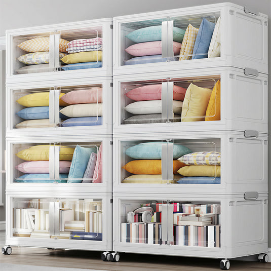 V70 Stackable Storage Bins Extra Large 240Gal-280 Gallon (960Qt-1120 Quart), Plastic Box, Stackable & Foldable, Clear Doors, Magnetic Closure, 360° Wheels
