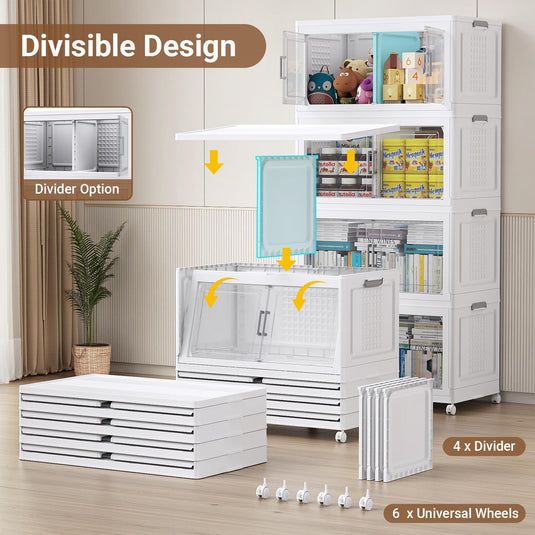 Broview 300Gal/350Gal/400Gal Extra Large Stackable Storage Bins with 2 Lids & Wheels, 6/7/8Pack Plastic Collapsible Box with Dividers, Closet Organizers Cabinet, White