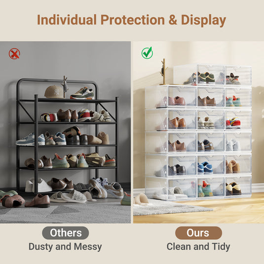 XX-Large Shoe Sneaker Storage Boxes for Size 14, Stackable & Thicken Clear Plastic Shoe Organizers 1/6/8/12/16 Packs for Entryway Closet Under Bed, Shoe Storage Cabinets Container Display Case w/ Magnetic Door