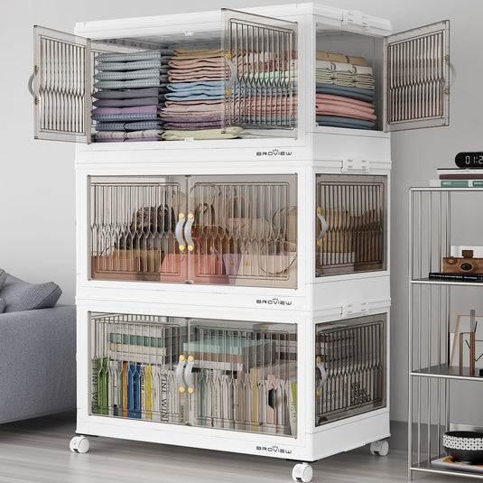 Broview 90Gal/120Gal/150Gal Stackable Storage Bins with 5x Lids, Front and Side Open Doors, Collapsible Closet Organizer and Storage Cabinet, Plastic Folding Box with Wheel Drawer for Home Office