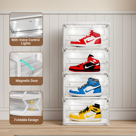 BROVIEW Led Shoe Boxes, Sneaker Shoe Display Case with Voice Control Lights, 2Row 4 Tier White