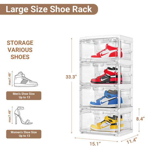 BROVIEW Led Shoe Boxes, Sneaker Shoe Display Case with Voice Control Lights, 2Row 4 Tier White