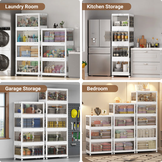 Broview 90Gal/120Gal/150Gal Stackable Storage Bins with 5x Lids, Front and Side Open Doors, Collapsible Closet Organizer and Storage Cabinet, Plastic Folding Box with Wheel Drawer for Home Office