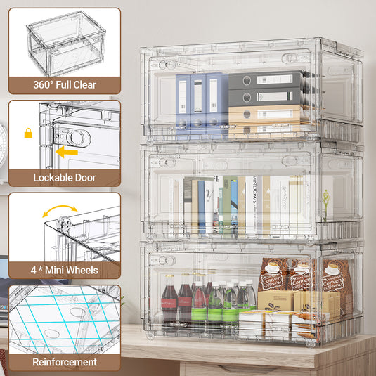 BROVIEW Full Clear Storage Bins Large 240Qt/320Qt/400Qt, Shiny Plastic Display Box, for Home Crafts Makeup, Stackable & Foldable, Individual Lids & Wheels