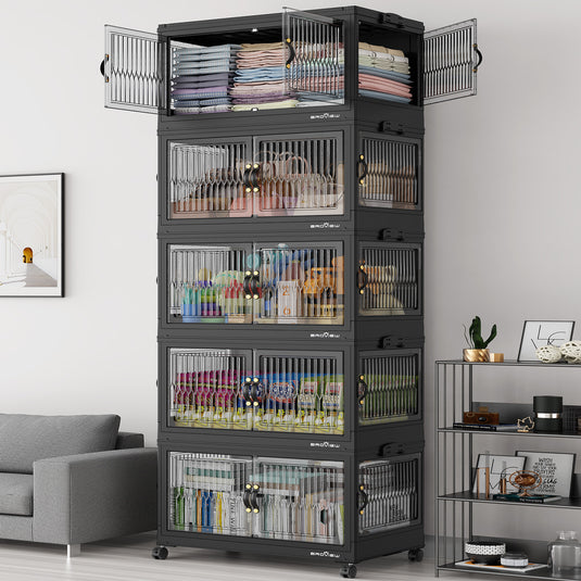Broview 90Gal/120Gal/150Gal Stackable Storage Bins with 5x Lids, Front and Side Open Doors, Collapsible Closet Organizer and Storage Cabinet, Plastic Folding Box with Wheel Drawer for Home Office