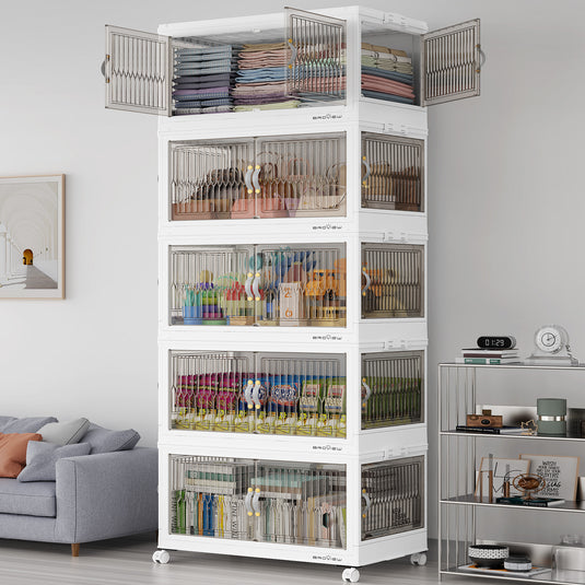 Broview 90Gal/120Gal/150Gal Stackable Storage Bins with 5x Lids, Front and Side Open Doors, Collapsible Closet Organizer and Storage Cabinet, Plastic Folding Box with Wheel Drawer for Home Office