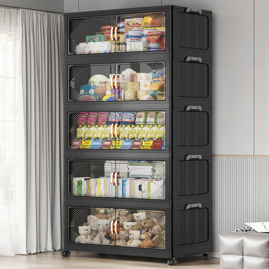 Broview 175Gal Plastic Stackable Storage Bins with Lid, 700QT Extra Large Containers With Drawers, Folding Closets with 4x Wheels, Collapsible Cabinets Organizers for Home Office