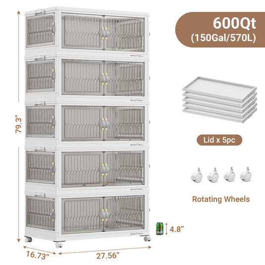 Broview 90Gal/120Gal/150Gal Stackable Storage Bins with 5x Lids, Front and Side Open Doors, Collapsible Closet Organizer and Storage Cabinet, Plastic Folding Box with Wheel Drawer for Home Office