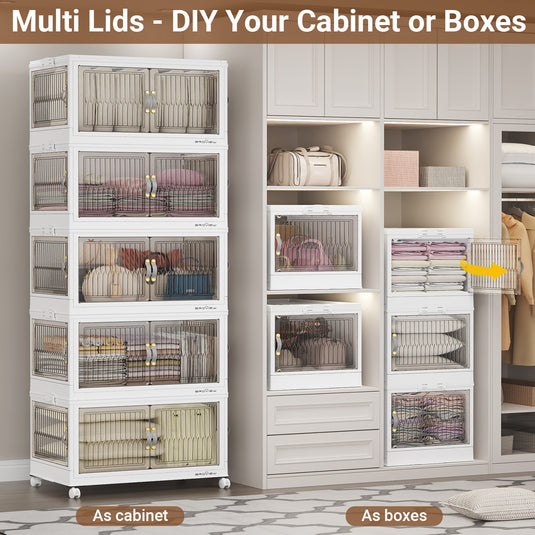 Broview 90Gal/120Gal/150Gal Stackable Storage Bins with 5x Lids, Front and Side Open Doors, Collapsible Closet Organizer and Storage Cabinet, Plastic Folding Box with Wheel Drawer for Home Office