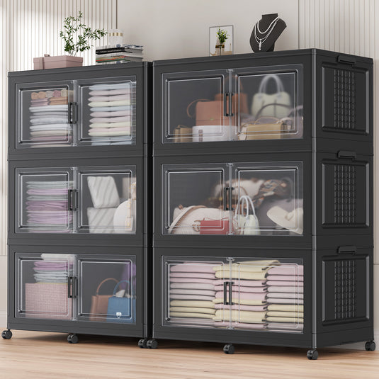 Broview 300Gal Extra Large Stackable Storage Bins with 2 Lids and 12 Wheels, 6Pack Plastic Bins with 6 Dividers, Closet Organizers and Storage Cabinet Shelves Collapsible Box for Home Office, Black