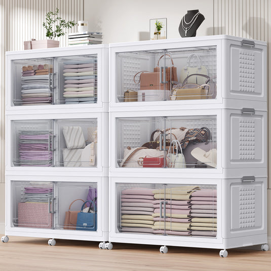 Broview 300Gal/350Gal/400Gal Extra Large Stackable Storage Bins with 2 Lids & Wheels, 6/7/8Pack Plastic Collapsible Box with Dividers, Closet Organizers Cabinet, White