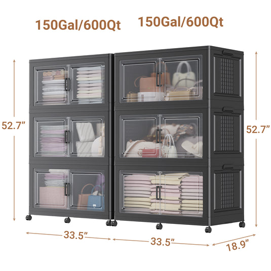 Broview 300Gal Extra Large Stackable Storage Bins with 2 Lids and 12 Wheels, 6Pack Plastic Bins with 6 Dividers, Closet Organizers and Storage Cabinet Shelves Collapsible Box for Home Office, Black