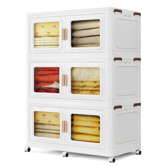 Stacked Broview V80 75Gal storage bins with secure lids. Ideal for organizing household items, featuring transparent doors and sturdy construction.