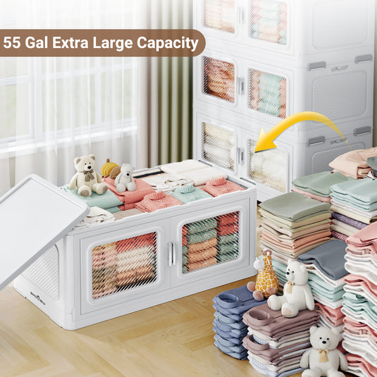 Broview 50-300 QT Stackable Storage Bins with Lids - Large Collapsible Storage Bins for Clothing Closets, Folding Storage Cabinet Containers, Plastic Storage box with Doors and Wheels For Home