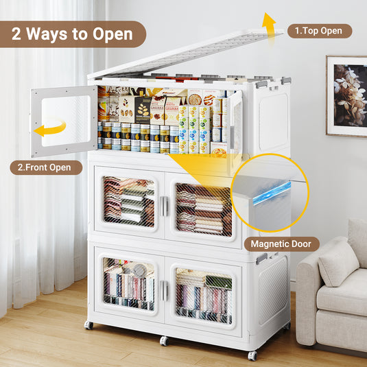 Broview 50-300 QT Stackable Storage Bins with Lids - Large Collapsible Storage Bins for Clothing Closets, Folding Storage Cabinet Containers, Plastic Storage box with Doors and Wheels For Home