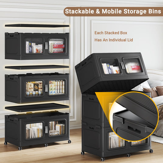 BROVIEW 385 Gal Extra Large Stackable Storage Bins with Lids & Wheels, Black 55 gal-7 pack