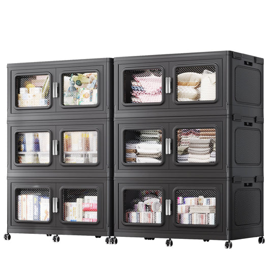 BROVIEW 330 Gal Extra Large Stackable Storage Bins with Lids & Wheels, Black 55 gal-6 pack