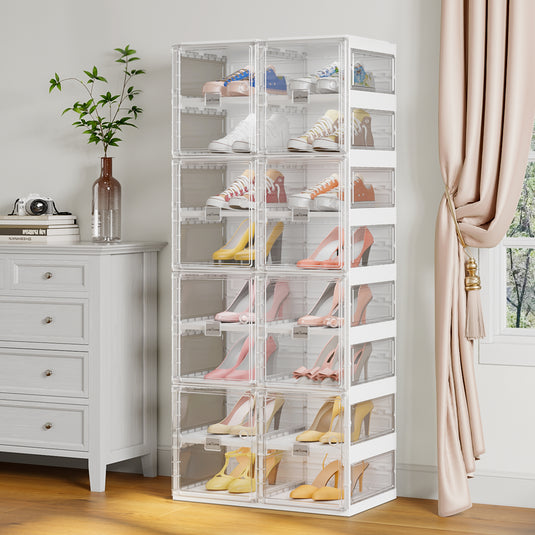 BROVIEW Folding Shoe Racks, Clear Plastic Shoe Storage Organizer Rack White Shoe Box  8 Tier 16 Pairs