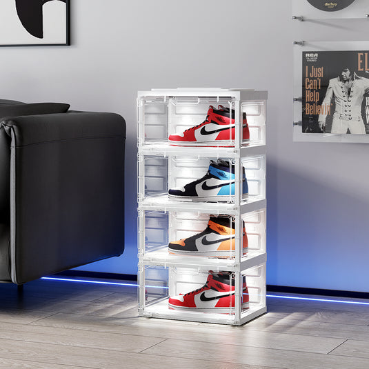 BROVIEW Led Shoe Boxes, Sneaker Shoe Display Case with Voice Control Lights, 1 Row 4 Tier White