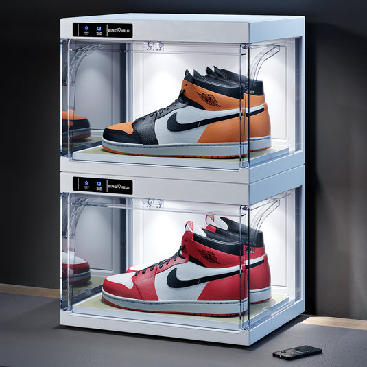 BROVIEW Smart Shoe Display Box with Led Lights Auto-Opening Shoe Organizer Sneaker Case, 2 Pack