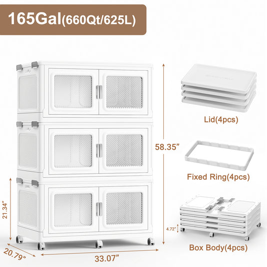 660Qt-1200Qt Extra Large Stackable Storage Bins with Lid, 165Gal -300Gal Collapsible Closet Organizer and Storage Drawers with Wheels, Totes for Storage Clearance
