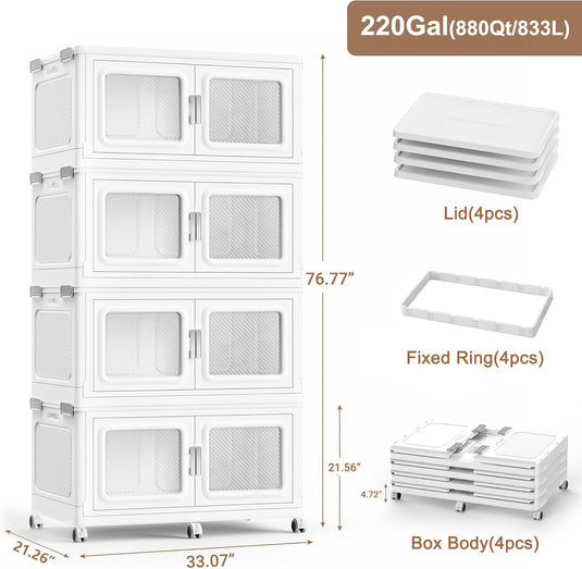 660Qt-1200Qt Extra Large Stackable Storage Bins with Lid, 165Gal -300Gal Collapsible Closet Organizer and Storage Drawers with Wheels, Totes for Storage Clearance
