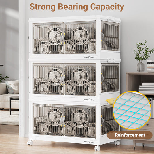 Broview 90Gal/120Gal/150Gal Stackable Storage Bins with 5x Lids, Front and Side Open Doors, Collapsible Closet Organizer and Storage Cabinet, Plastic Folding Box with Wheel Drawer for Home Office