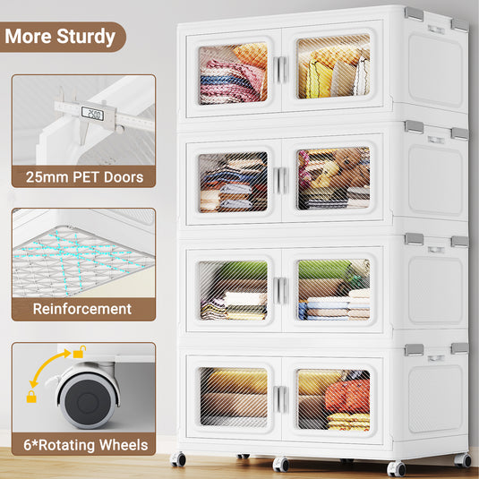 White storage cabinet with transparent doors on wheels, featuring durability features like PET doors and reinforcement.