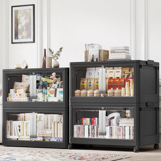 120Gal-200Gal Extra Large Stackable Storage Bins with 3/4/5 Lids, 480Qt-800Qt Collapsible Plastic Storage Box with Clear Doors, Foldable Containers with Drawers, 360° Swivel Wheels V70