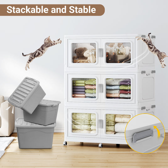 Broview 50-300 QT Stackable Storage Bins with Lids - Large Collapsible Storage Bins for Clothing Closets, Folding Storage Cabinet Containers, Plastic Storage box with Doors and Wheels For Home